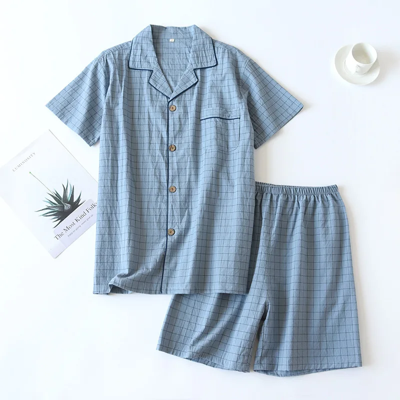 Summer new couple pajamas two-piece men\'s plaid short-sleeved shorts 100% cotton gauze ladies simple home service set sleepwear