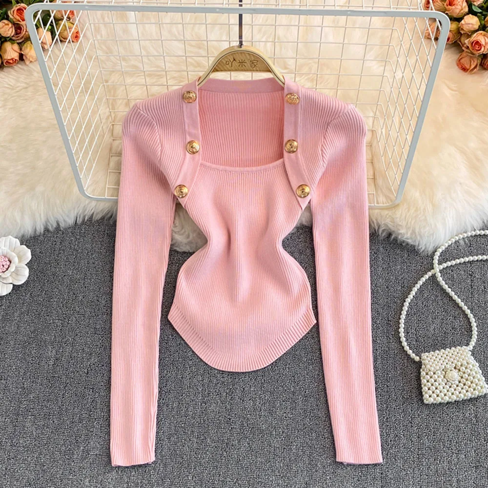 

2022 New Casual O-Neck Button Sweater Women Solid Autumn Winter Female Slim Knit Sweater Pullovers Soft Jumper Ladies Tops Black