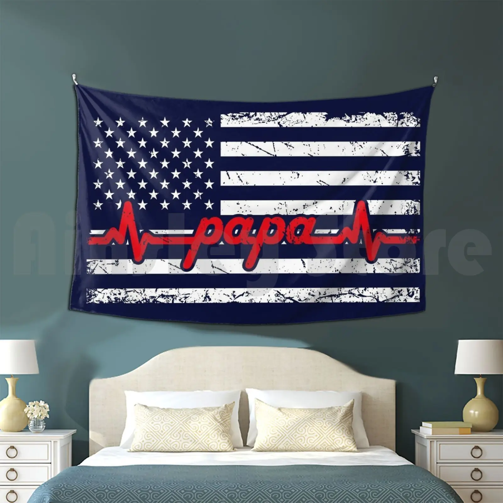 Thin Red Line Firefighter Papa American Flag Ekg Heartbeat Tapestry Background Wall Hanging Firefighter Dad