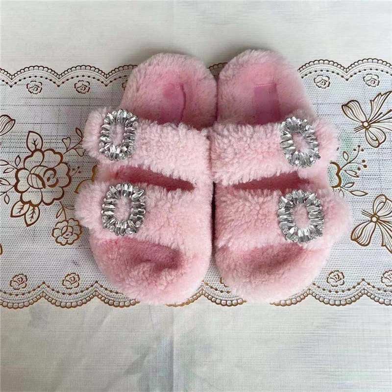 Women\'s Genuine Shearling Slippers Ladies Furry Slippers Girls Flat Slippers Outside