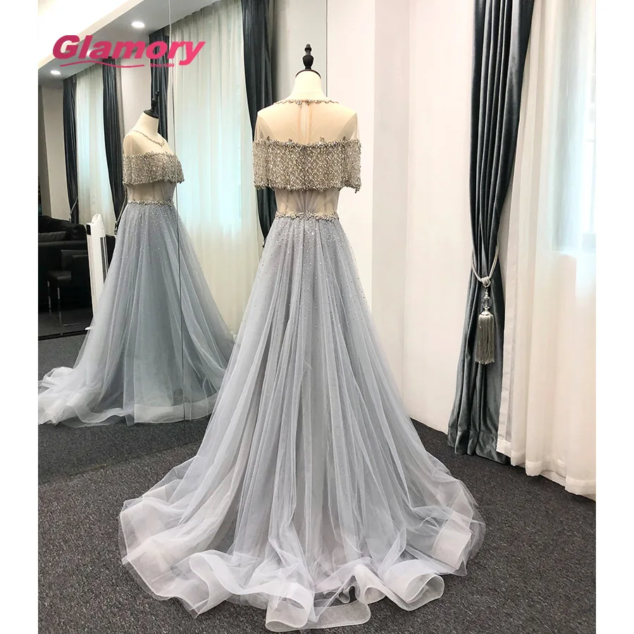 2020 New Arrival Evening Dresses Light Blue Short Sleeve A Line Party Wear Crystal Beaded Tulle Sexy Prom Dress