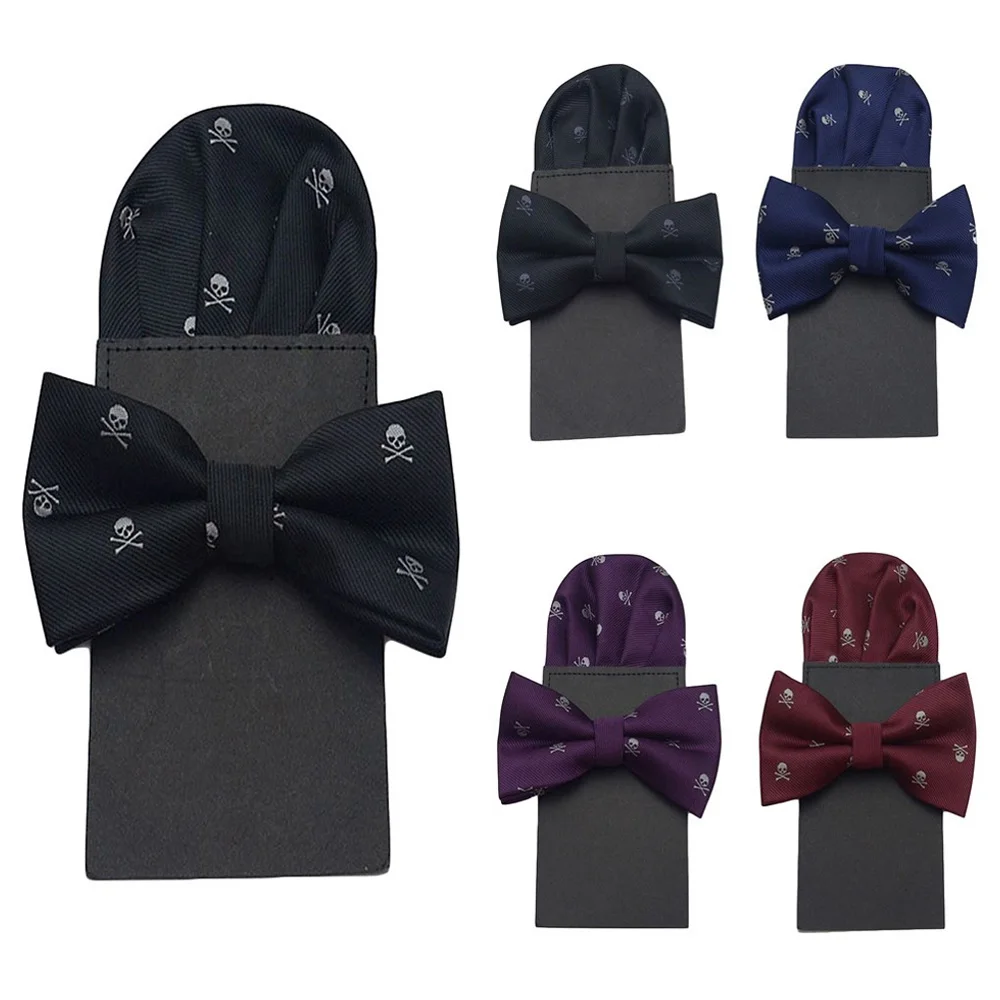 

Men Stylish Skull Print Bowtie Pocket Square Set Bow Tie Pre-folded Party Hanky BWTQN0311