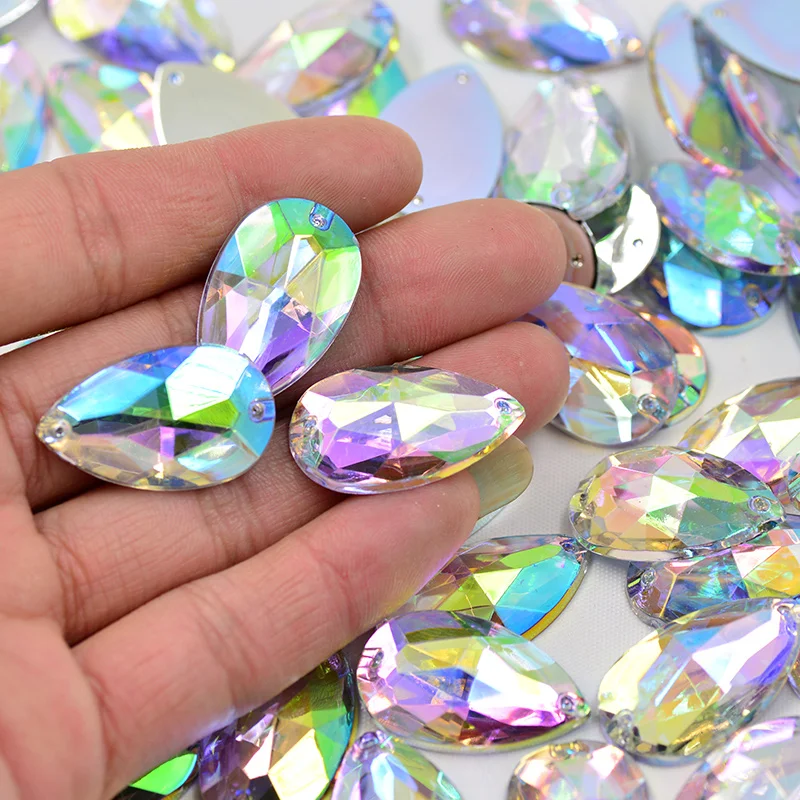 JUNAO 100pc 17x28mm Aquamarine AB Teardrop Sewing Rhinestone Applique Glitter Sew On Acrylic Stone For Wedding Dress