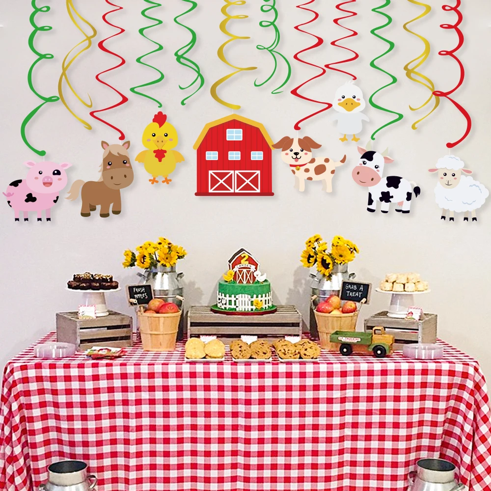 Bauernhoftiere PVC Spiral-Hängedekorationen Party-Dekorationen Pappteller Becher Servietten Kuh Schwein Karten Kindergeburtstag Party-Zubehör – Detail 3