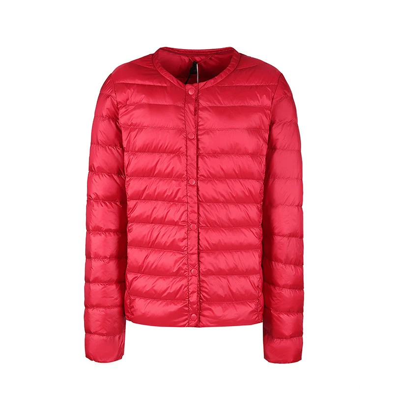 Autumn Winter Thin Women's Down Jacket Warm Collarless Liner Short Large Size Slim Fit Snap Button Long Sleeve Solid color Coat