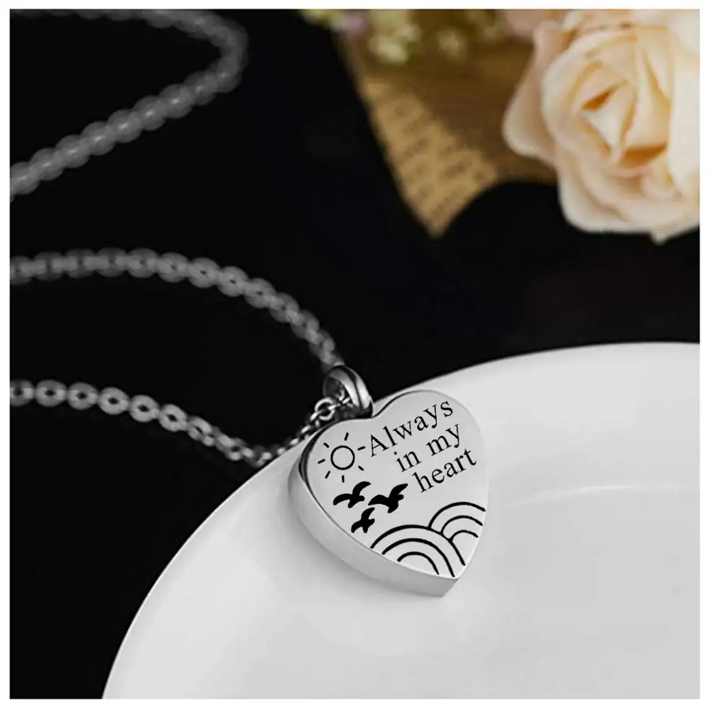 Titanium Steel Cremation Funeral Heart with Seagulls Necklace For Ashes Heart Pendant Necklace Memorial Bird Dog Pet Jewelry