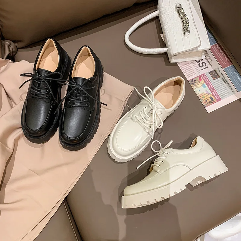 2024 Spring New British Style Women's Genuine Leather White Shoes Casual Lace-up Ladies Dress Shoes Chunky Platform Wedge Shoes