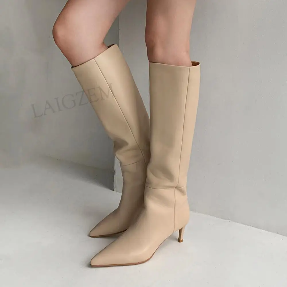 LAIGZEM Women Knee High Boots Real Leather 5.5CM Kitten Heels Boots Quality Pull On Ladies Girls Shoes Woman Size 33 38 39 40