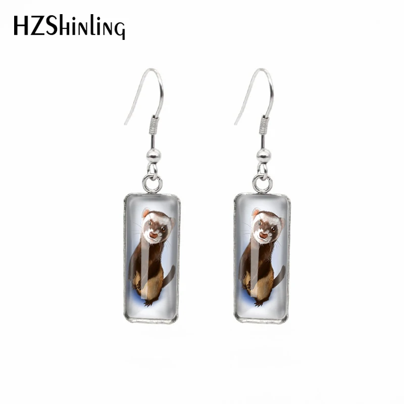 2021 New Cute Ferret Rectangular Earring Animal Art Fish Hook Earrings Glass Cabochon Handmade Jewelry