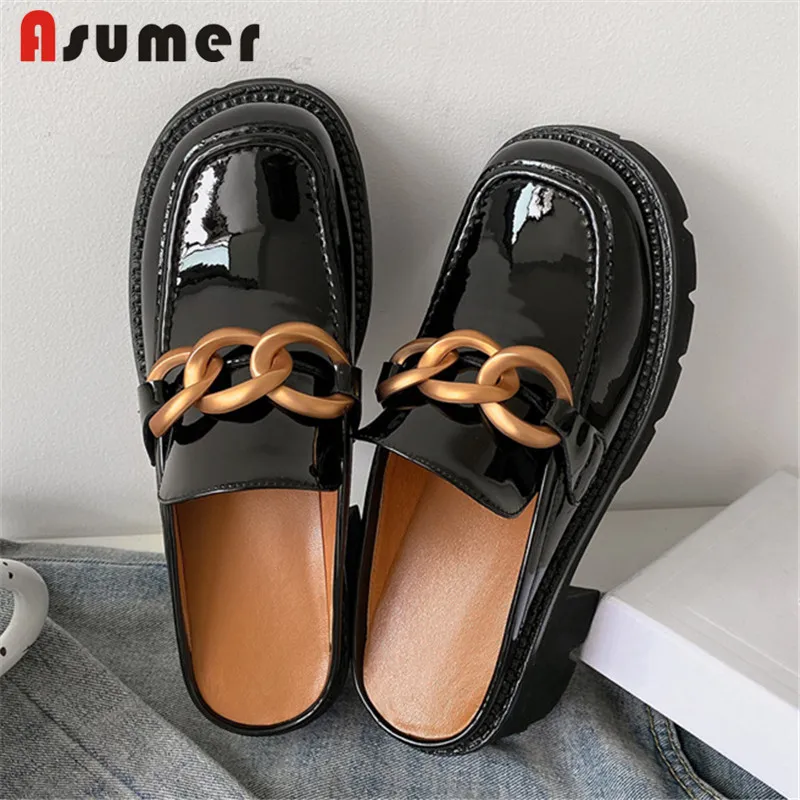 

Asumer Women Slipper 2021 Newest Genuine Leather Shoes Metal Decoration Chain Round Toe Casual Shoes Woman Platform Slipper