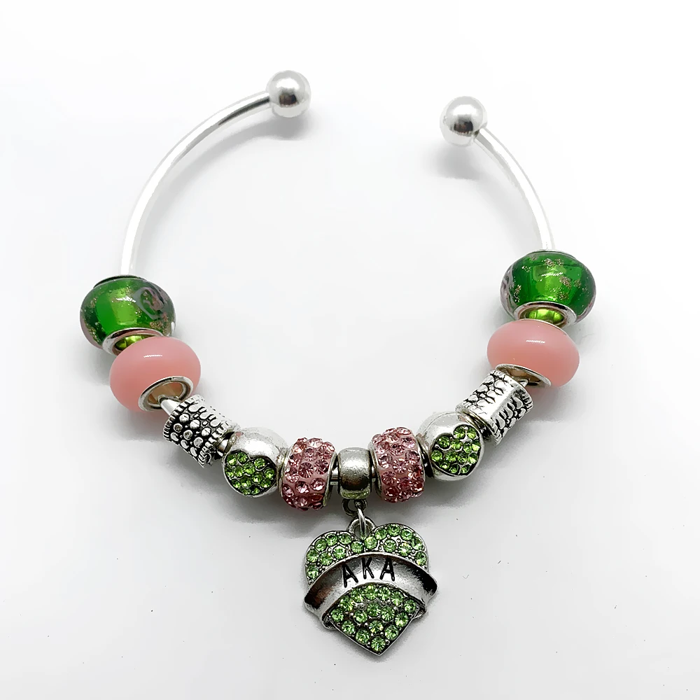 Popular university pink green sorority society ALPHA badge pendant DIY big hole rhinestone glass beads wire bangle bracelet