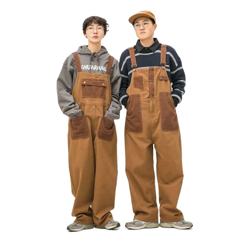 Orange Brown Matching Suspender Pants Two-Sided Wear Couple Loose Straight Cargo Pants Japanese Artistic Retro Style Women Pants