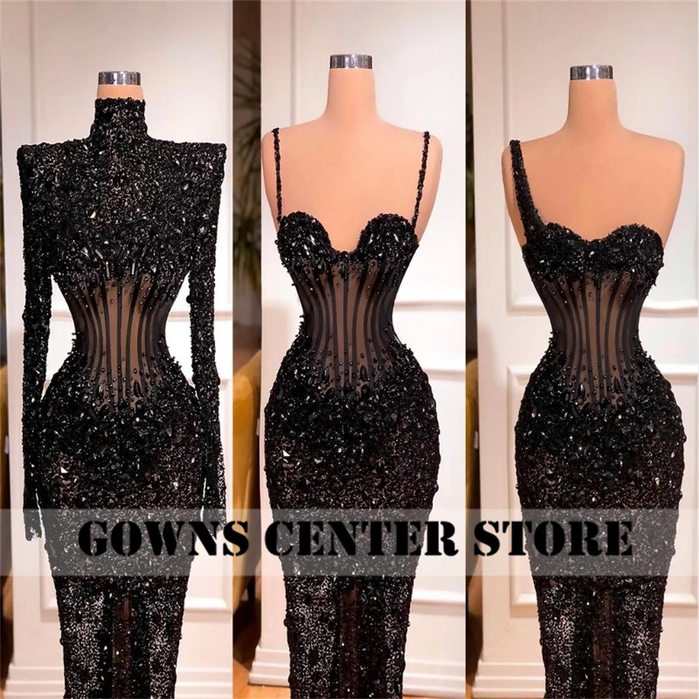 Stone Beaded Dubai Black Mermaid Evening Dresses Party Dress Sparkly Sequin Long Sleeve Middle East Formal Gowns robe Customized