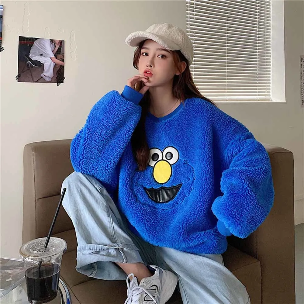 Faux Lamb Wool Hoodies Sweatshirts Women O Neck Cartoon Letter Sweatshirts Long Sleeve Loose Pullocver Outwear