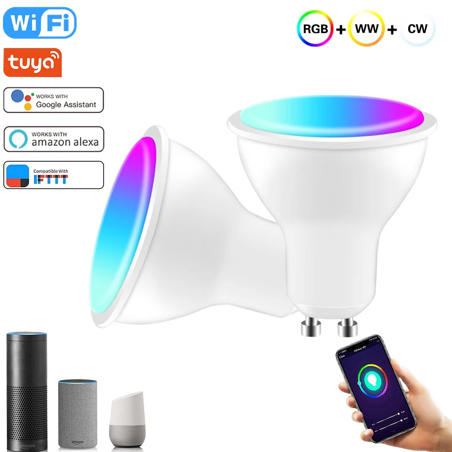 

Tuya Smart Wifi GU10 LED Bulb or IR Remote Control Spotlight 8W RGB Dimmable RGBCW Warm White Light Work with Alexa Google Home