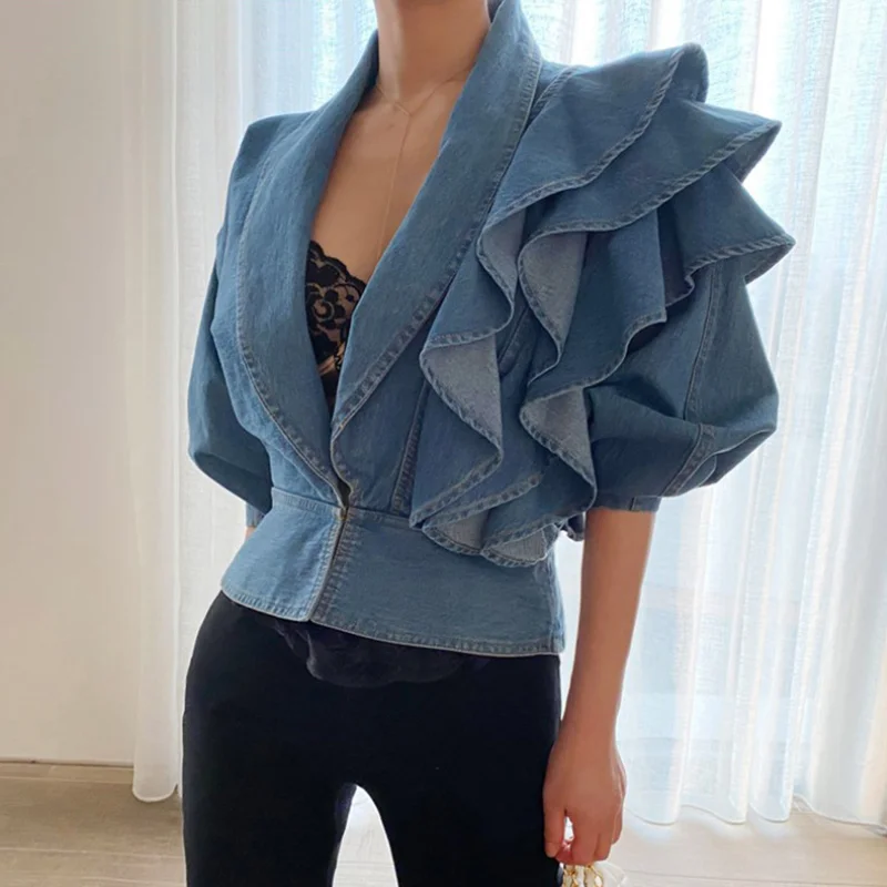 

Chic Woman V-Neck Denim Ruffles Coat Spring Autumn High Waist Jean Jackets Mujer Chaqueta Vintage Cowboy Outwear Crop Tops Nice