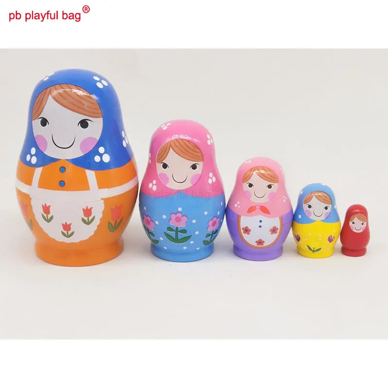 

PB Playful bag Five layer Girl doll Montessori Russian Nesting Dolls Toy Set birthday gift wooden action figure Kids toy HG03