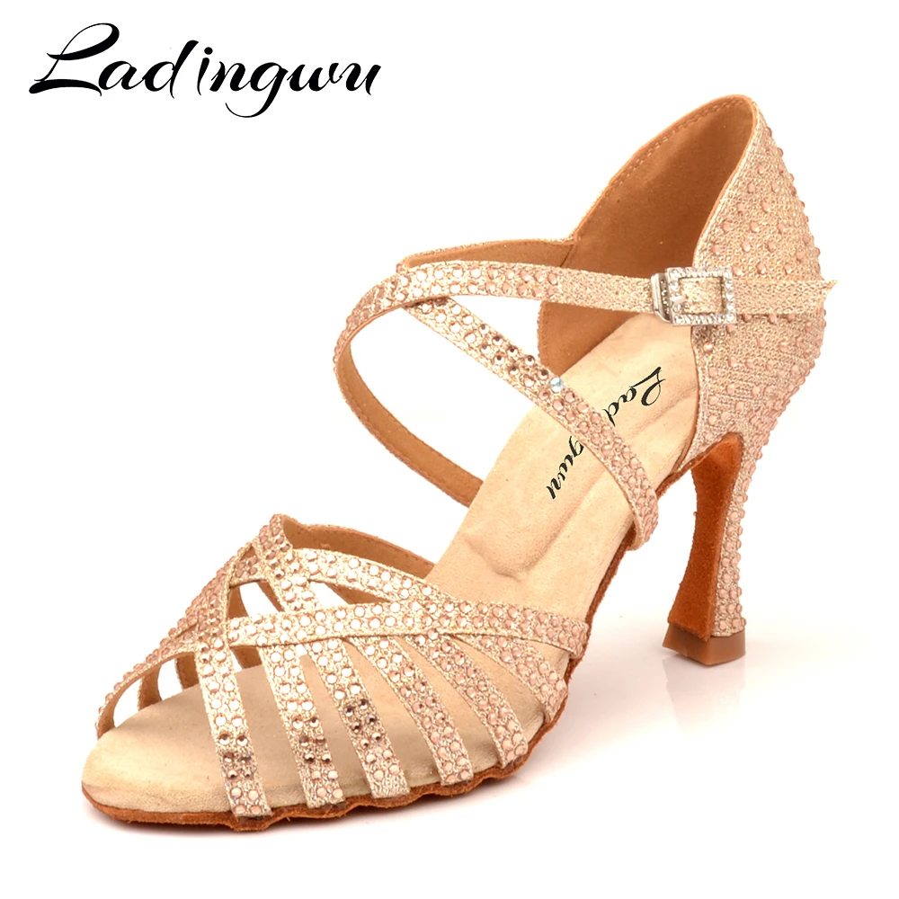 Ladingwu sepatu dansa Latin Gold Glitter Rhinestones sepatu dansa wanita sepatu lembut Salsa sepatu hak tinggi