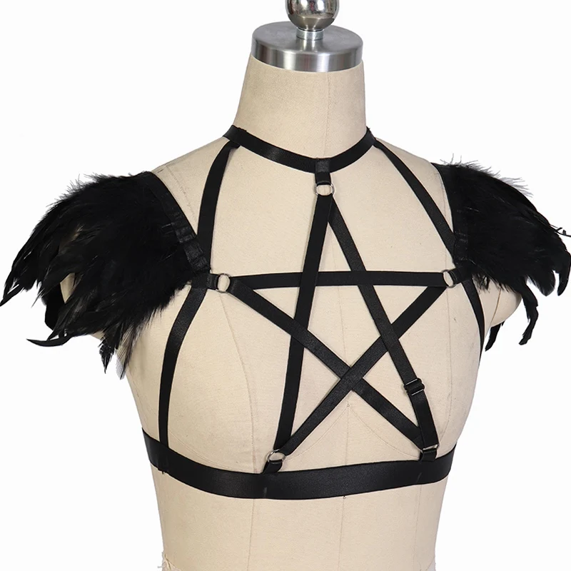 JLX.HARNESS Pentagram Feather Bra Sexy Lingerie Rave Crop Top Cage Bra Goth Black Angel Feather Epaulets Body Harness Belt