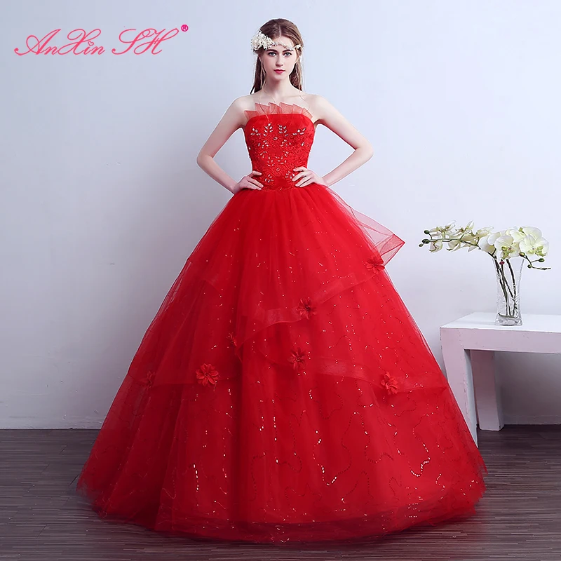 AnXin SH Flower Red lace vintage tube top princess strapless beading crystal sleeveless lace up customized wedding dress