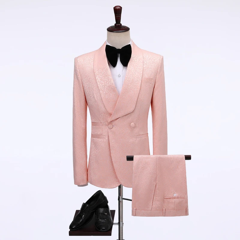 

2020 New Brand Peach Shawl Lapel Men Suits Double Breasted Groom Smoking Prom Best Man Blazer Slim Fit Men Wedding Suits Tuxedo