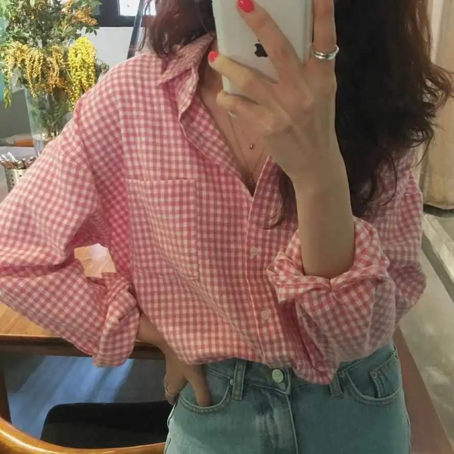 Novidade 2020 blusa feminina primavera verão camisa xadrez moderna casual folgada selvagem doce rosa tops