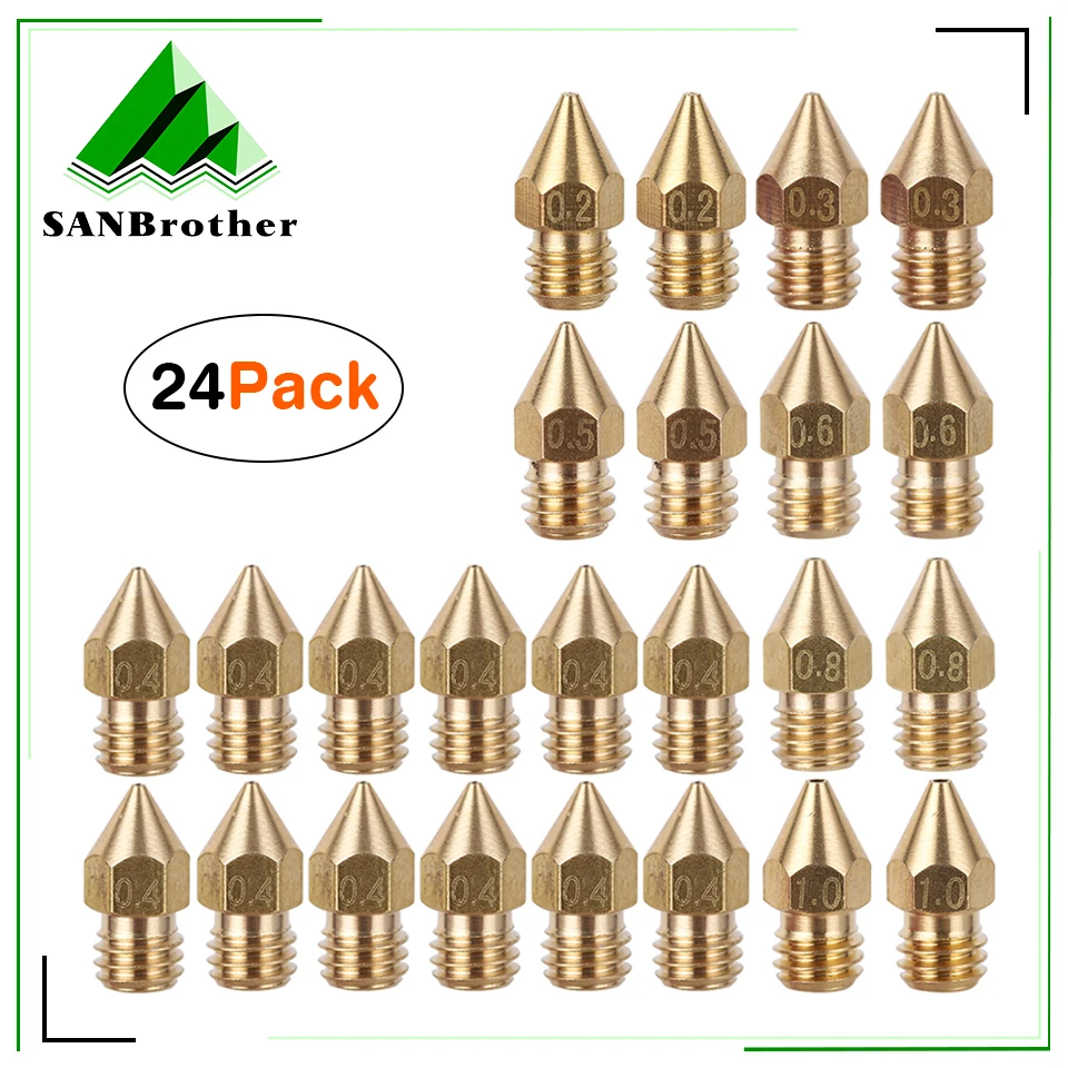 

24 PCS 3D Printer Nozzles MK8 Extruder Nozzles 0.2mm 0.3mm 0.4mm 0.5mm 0.6mm 0.8mm 1.0mm for Makerbot Creality CR10 Ender 3 5