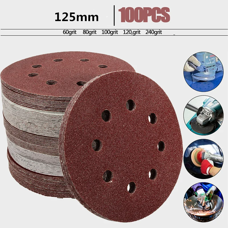 

100Pcs 8 Hole Sander Polishing Pad 125mm 60/80/100/120/240 Grit Round Shape Sanding Discs Buffing Sheet Sandpaper Set