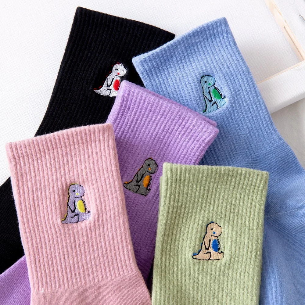 Embroidery Dinosaur Socks Fashion Woman Socks Korea Harajuku Style Kawaii Funny Cartoon Spring Autumn Female Girl Lovely Socks