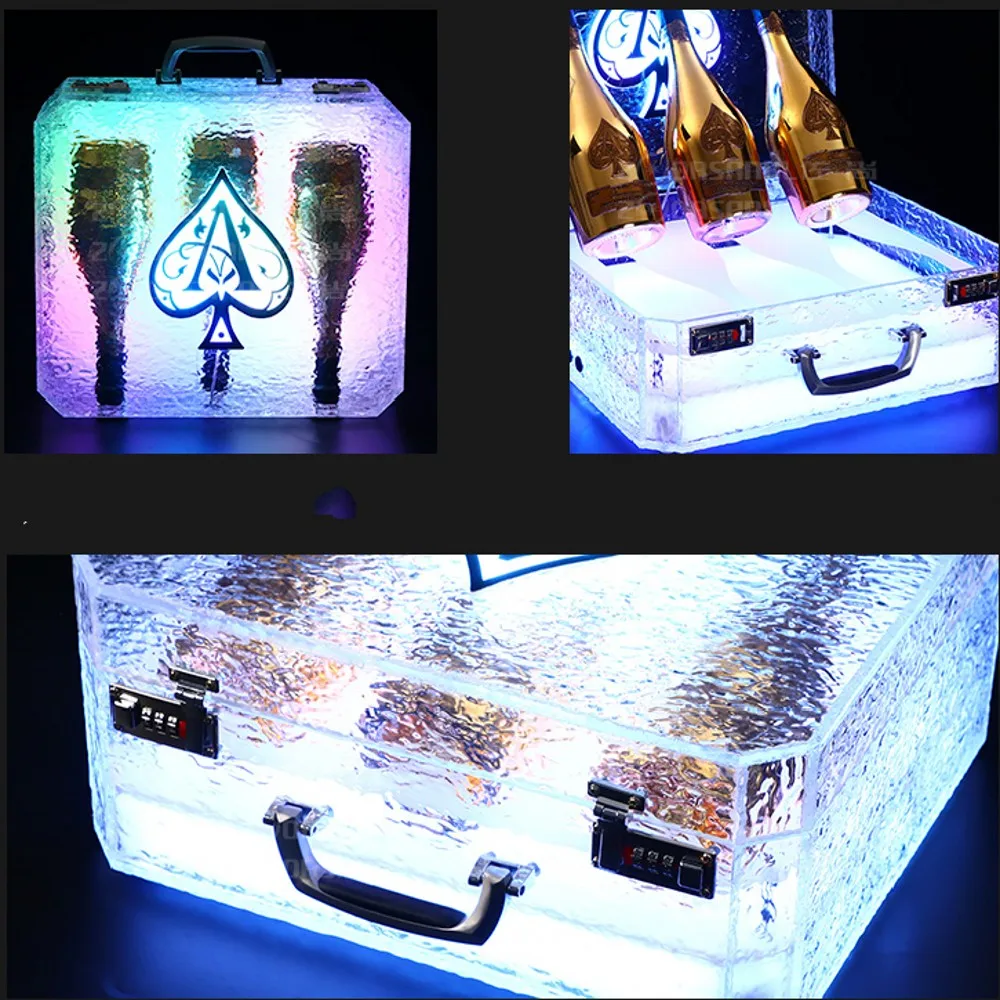 

Portable Ice Rock Display Case 3 Bottles Rechargeable LED Ace of Spade Glorifier Box Champagne Bottle Carrier For Bar Night Club