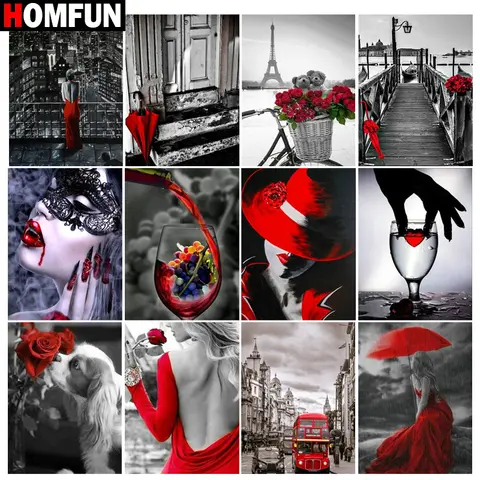 HOMFUN 5D Diamond Pattern Rhinestone Needlework Diy Diamond Painting Cross Stitch"Red beauty umbrella scenery"Diamond Embroidery