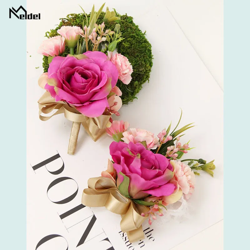 Meldel งานแต่งงานสร้อยข้อมือ Corsage Bridesmaid ดอกไม้ประดิษฐ์ดอกไม้เจ้าบ่าว Boutonniere Corsage Flore ผ้าไหมดอกไม้เข็มกลัดงานแต่งงานแต่งงาน