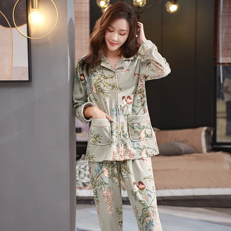 

Winter Pyjamas Island Fleece Pajamas Female Thicken Keep Warm Long Sleeve Birds Floral Leisure Suit Winter Coral Velvet 2pcs/set