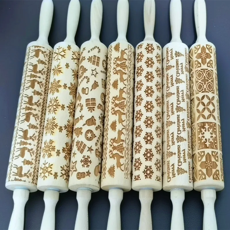 Rolling Pin Wood Embossed Ilk Snowflake Xmas Tree Cat Rolling Bough Christmas Fondant Biscuit Rolling Pin Kitchen Accessories