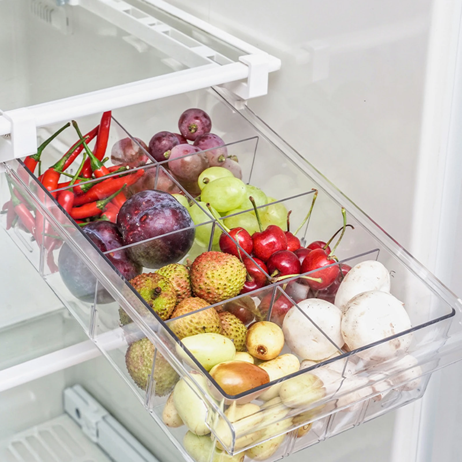 1/4/8 Compartment PET Refrigerator Drawer Organizer Bin Transparent Fridge Storage Bin Containers For Pantry Freezer