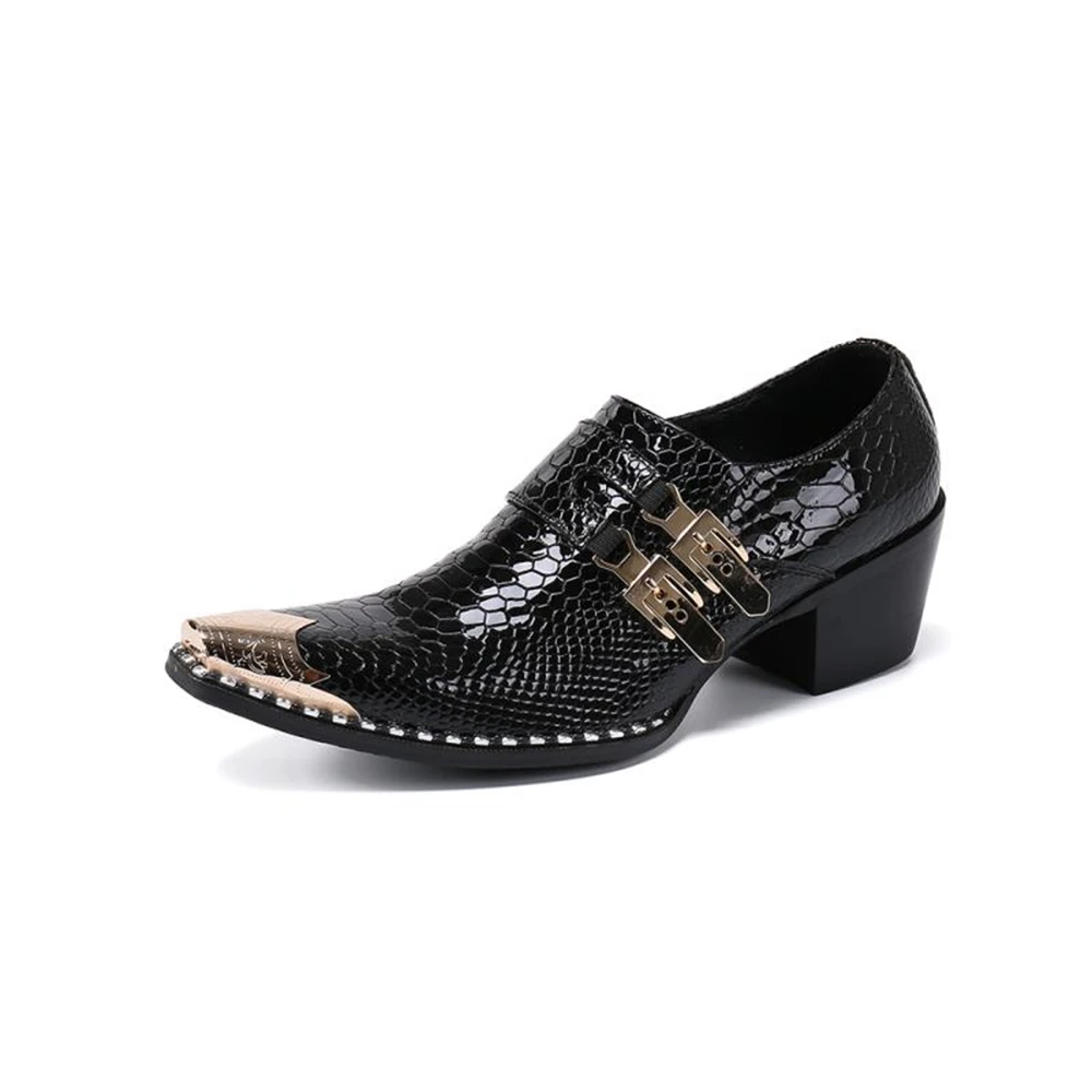 Black Red Pointed Toe Dress Shoes Men Office Genuine Leather Breathable Buckle Slip On Snake Pattern High Heels Shoes