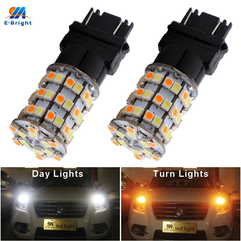 

YM E-Bright 2PCS 3157 3528 60 SMD P27/5W Amber/White LED Bulbs T25 DRL Turn Signal Brake Light Switchback Function Dual Color