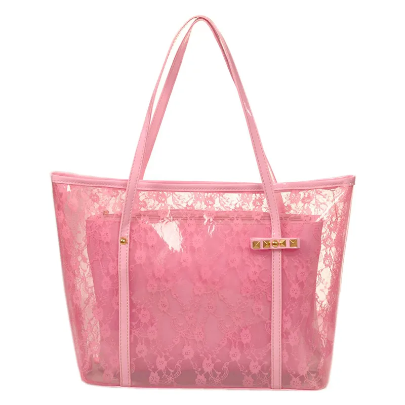Lace PVC Women Bag Summer Bag Beach Bag Shoulder Bag Fashion Handbag Plastic Clear Bag Big Transparent Bag white pink black