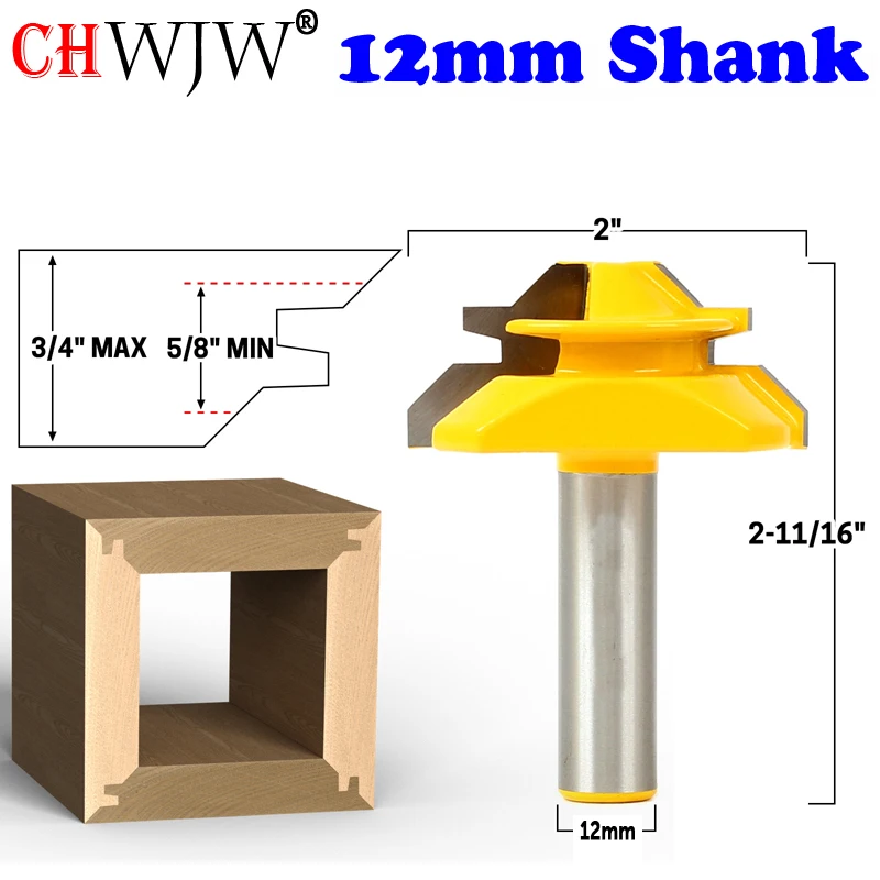 CHWJW 1PC 12mm Shank Industrial Quality Medium Lock Miter Router Bit with 45Degree 3/8-1 Inch Stock woodworking milling cutter