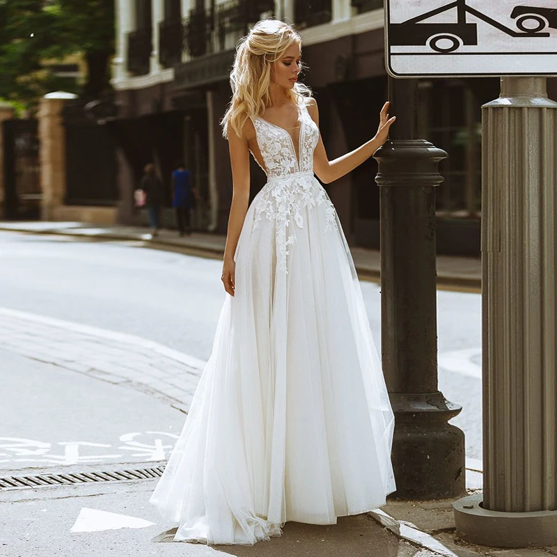 vestidos de novia bohemios con cuello en V, Apliques de encaje, línea A, tul, vestido de novia sencillo para playa