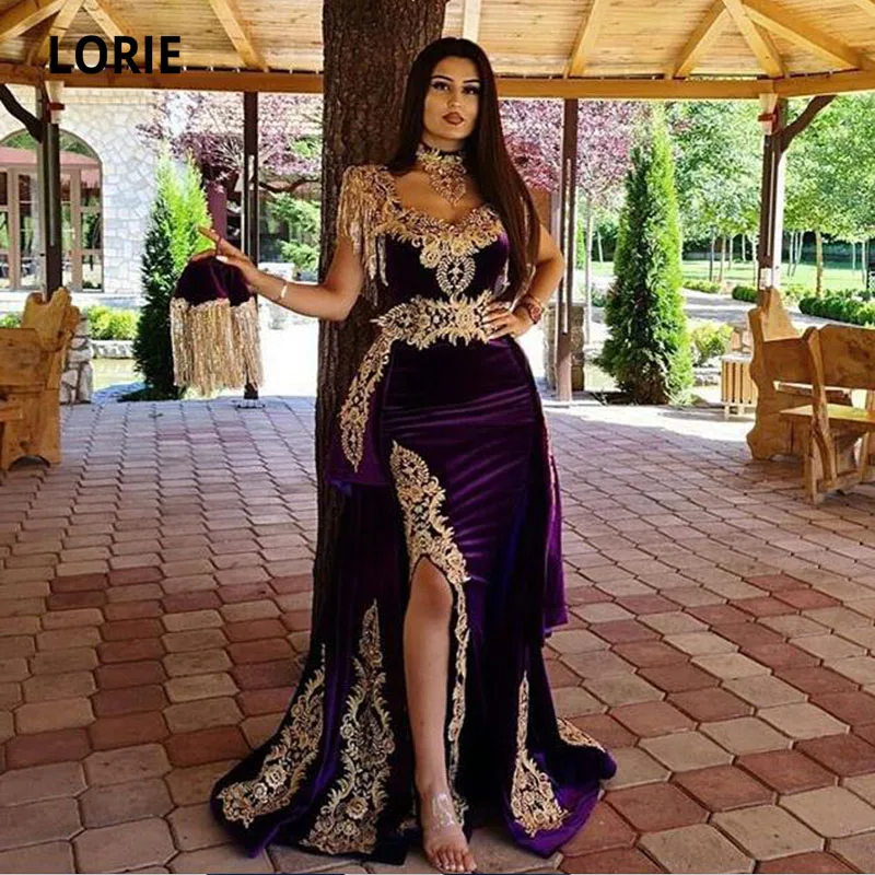 LORIE-Robe de soirée caftan marocain avec poignées, train amovible, appliques dorées, velours, sirène, Dubaï, robe de Rharabe, robe de soirée, 2021