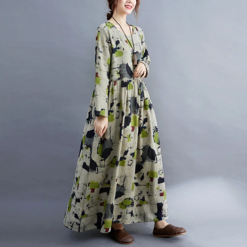 Robe imprimée florale à manches longues pour femmes, col rond, ligne a, Vintage, décontractée, nouvelle collection automne 2021, L38