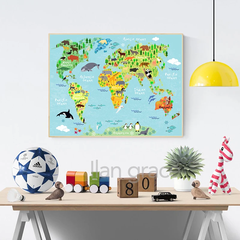 World Map with Wild Animals Prints Educational Poster Cute Cartoon Mammals Canvas Painting Nursery Picture Kids Room Wall Decor