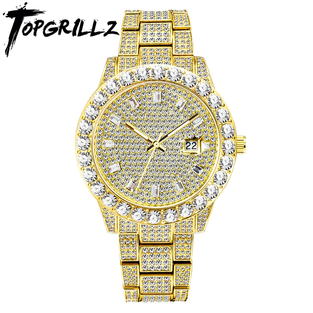 TOPGRILLZ HIP HOP Luxury Brand ICED OUT Watch Quartz Gold  Wrist Watches With Micropave CZ Stainless Steel Wristband