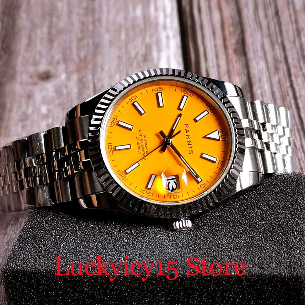 Parnis marca superior laranja dial relógio mecânico masculino jubileu pulseira de vidro safira data parafuso coroa 21 jóias miyota 8215