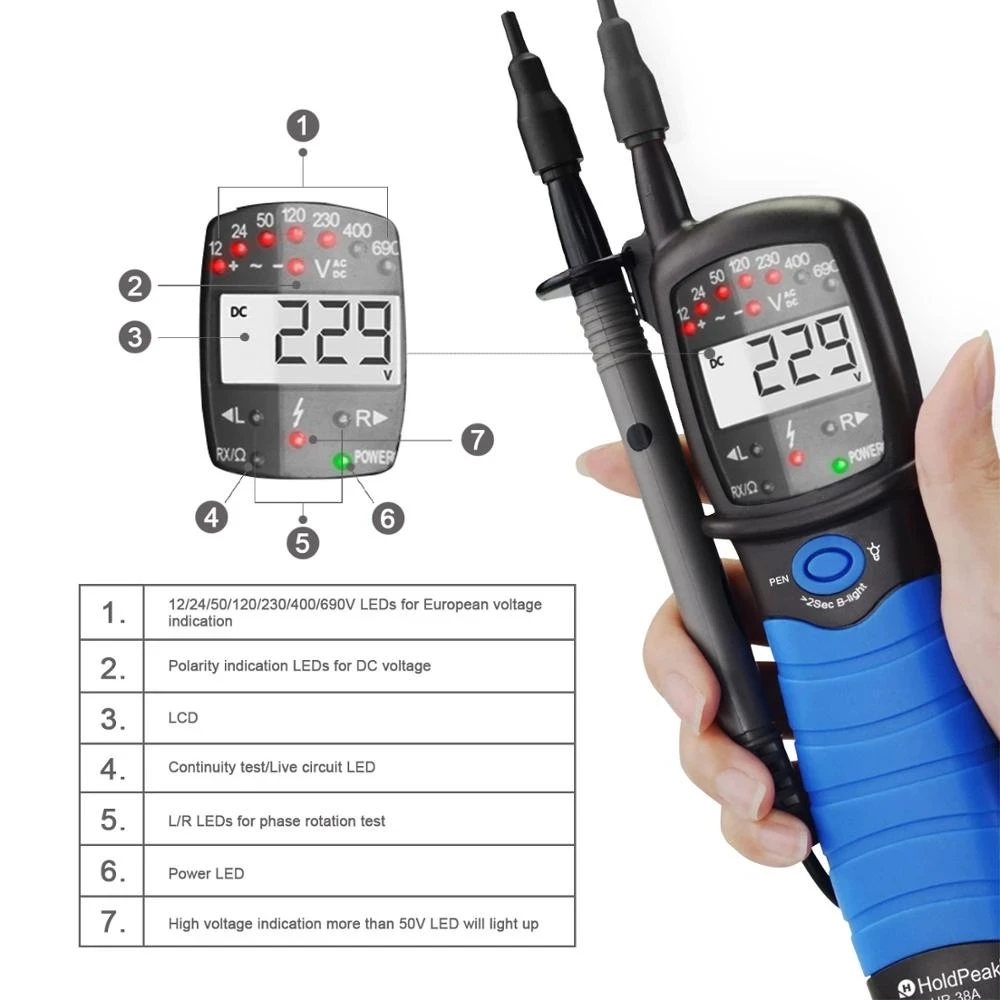 HoldPeak HP-38A LCD Elektroniczny tester napięcia prądu Cyfrowe automatyczne wyłączanie AC/DC z niskim zużyciem baterii — zdjęcie 5