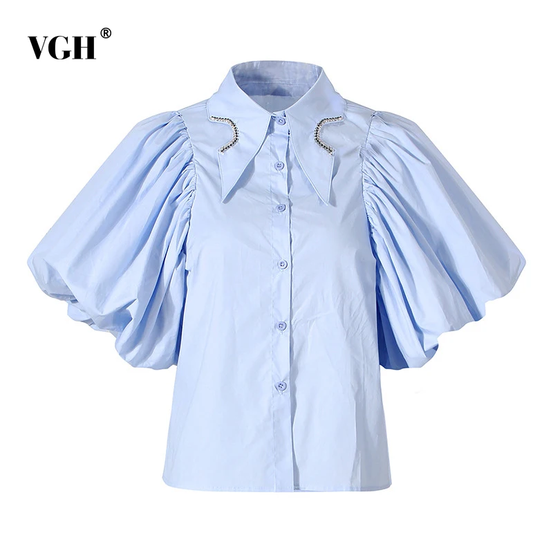 VGH Casual Blue Diamonds Shirts For Women Lapel Puff Short Sleeve Straight Korean Blouses Female New 2025 Summer Fashion Clothes