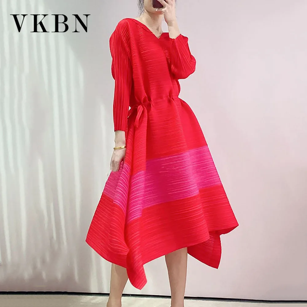 

VKBN 2023 Spring Summer Dress Women Sashes Mid-Calf V-Neck Casual Patchwork Empire Fashion Evening Midi Dress