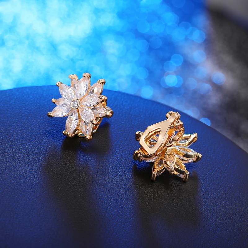 Trendy Luxury Cubic Zircon Crystal Sun Flowers Clip On Earrings Without Piercing for Women Wedding Party Brincos oorbellen 2023