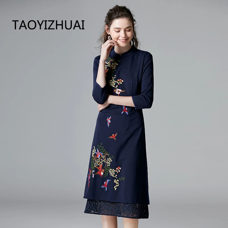 TAOYIZHUAI autumn new arrival vintage style cheongsam  lady dress a line animal print Size s-5XL Knee length party dress 14300